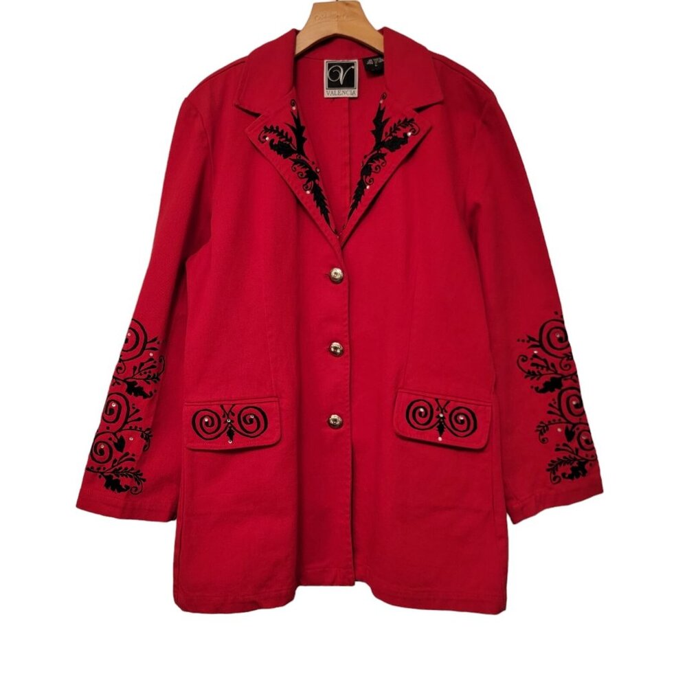 Vintage Valencia Blazer Bright‎ Red Black Floral Studded Embroidered Jacket Sz L